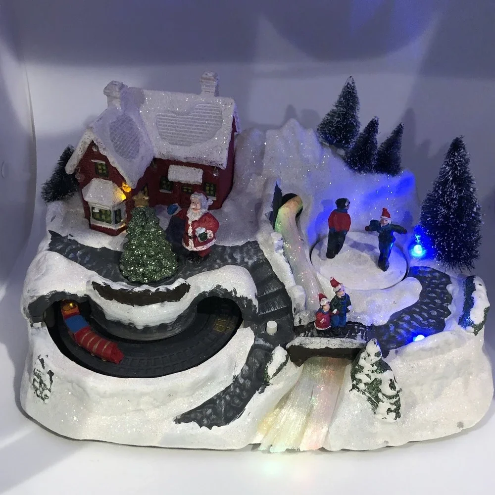 WORKING Holiday Christmas LED Fiber Optic Village Train Skaters Santa Bridge
